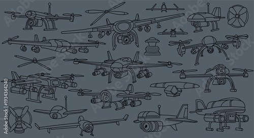 Collection of drone aircraft designs and blueprints showcasing various aerial vehicle models and technologies