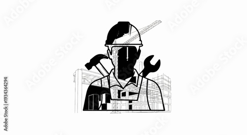 Silhouette of construction worker with tools and building outline