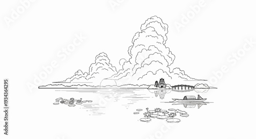 Dramatic clouds over a serene lake with a boat, bridge, and temple