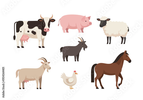 Farm Animals Collection Featuring a Cow, Pig, Sheep, Goat, Chicken, and Horse on White Background