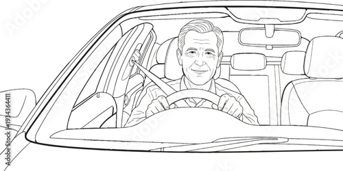 Smiling man in a car, gripping the steering wheel, wearing a seatbelt