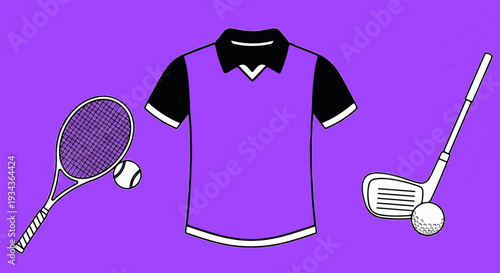 Sportswear and equipment a tennis set, a polo shirt, and a golf club