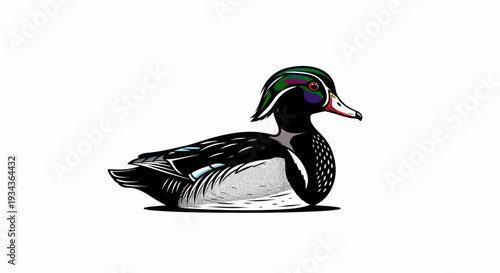 Stylized illustration of a colorful duck with iridescent plumage