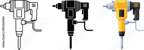 Collection of jackhammer icons including line art silhouette and realistic vector illustration for construction and demolition concepts