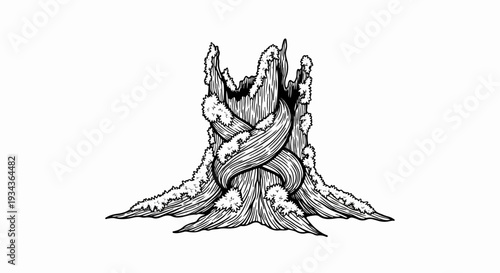Stylized ancient tree stump with gnarled roots and mossy texture