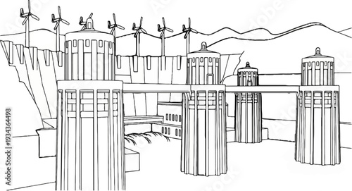 Stylized sketch of a hydroelectric dam with wind turbines