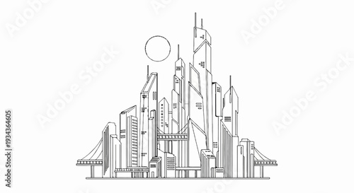 Stylized cityscape with futuristic buildings, bridges, and a circular sun