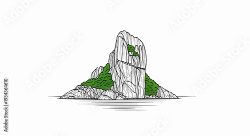 Craggy green island emerges from calm waters, rendered in line art