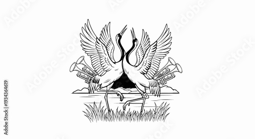 Two cranes with open beaks and spread wings, holding horns, on a landscape