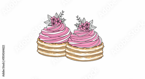 Two delectable cream cakes adorned with delicate pink blossoms