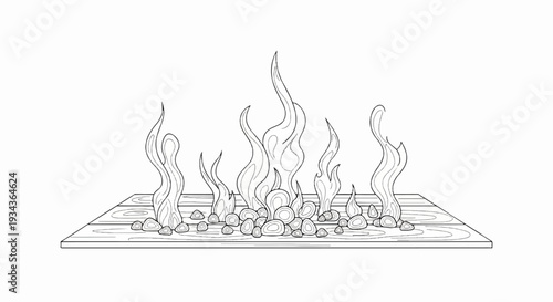 Stylized line art depicts a glowing fire with flames rising from a bed of stones