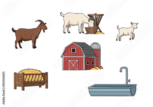 A collection of farm animals, a barn, and feeding supplies on a white background