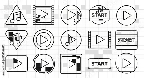 Collection of play and start buttons with musical notes