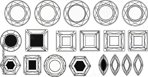 Collection of line drawings depicting various gemstone cuts and shapes