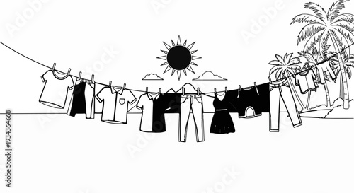 Clothesline in tropical setting with sun and palm trees drying laundry