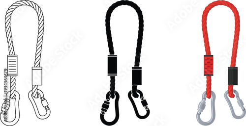 Set of three safety lanyards with carabiners industrial equipment connectors in black red and outline styles isolated on white background