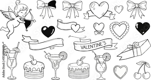 Collection of hand-drawn romantic and celebratory elements, including cupid, hearts, bows, cakes, and drinks