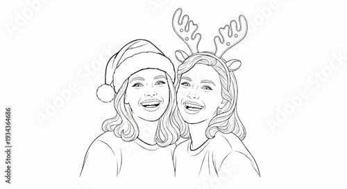 Two smiling women, one with a Santa hat, the other with reindeer antlers