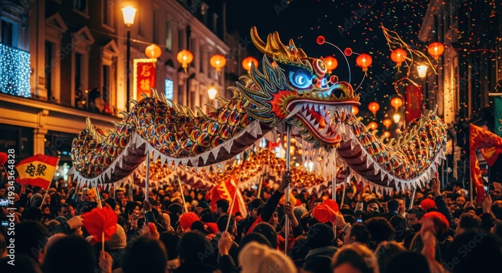 Obraz premium Night street scene of a Chinese New Year parade, illuminated by lanterns and a dragon