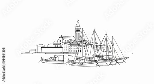 Black and white line drawing of a coastal town with a bell tower and several boats in a harbor