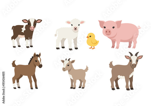 Set of six baby farm animals including a calf, lamb, chick, foal, and two goats, all depicted in a charming cartoon illustration style