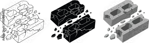 Set of cracked and broken bricks construction material damage icons in line art silhouette and realistic styles for architectural concepts