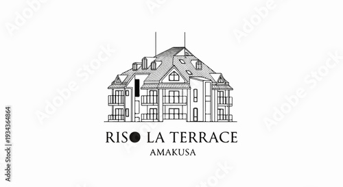 Black and white architectural sketch of a multi-story building with balconies and dormer windows