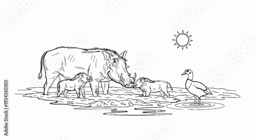 A warthog family and a duck near a water source under a sunny sky