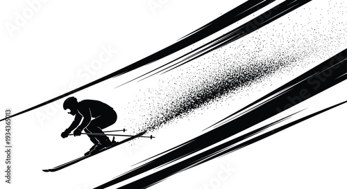 Black silhouette illustration of a downhill skier in motion with snow spray and speed lines isolated on a white background