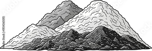 A stylized black and white drawing of a rocky mountain range