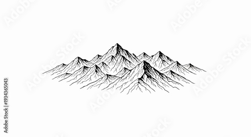 A stylized black and white drawing of a mountain range with jagged peaks