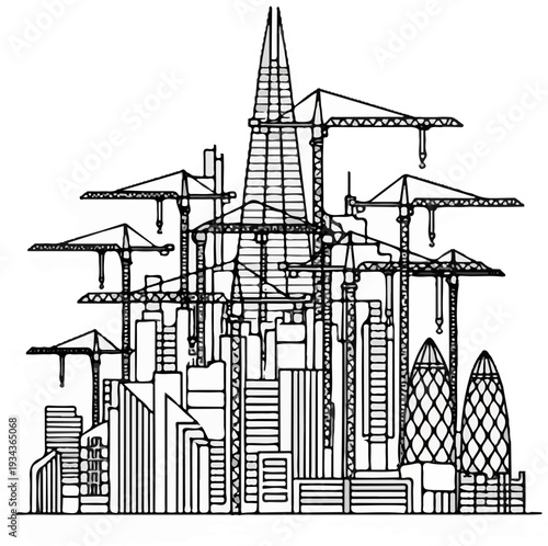 A sketched cityscape with many cranes and futuristic buildings under construction