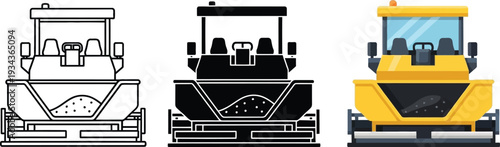 Set of road roller icons in outline silhouette and color vector styles for construction and paving concepts