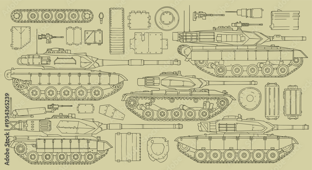 Obraz premium Detailed technical blueprints and schematics of various military tank models showcasing intricate design and engineering for defense industry applications