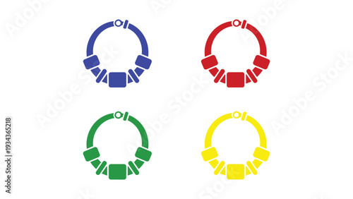 Four colorful circular designs with geometric elements and central shapes.