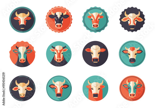 Collection of stylized cow heads in circular frames, representing different breeds and colors, perfect for farm or food-related designs