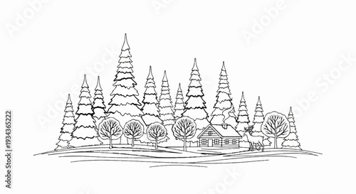 A lone deer approaches a cozy cabin nestled amongst snowy pine trees in a serene forest