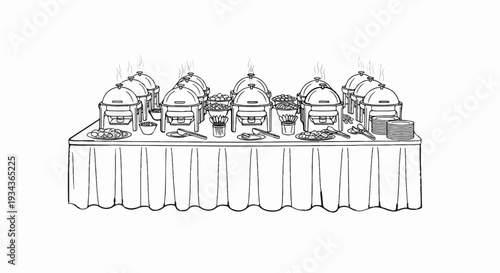 A line drawing depicts a long table set with chafing dishes, serving utensils, and stacks of plates