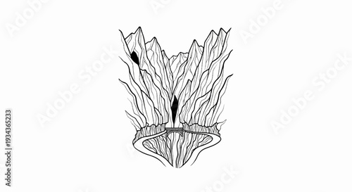 A dramatic, stylized ink sketch of a bridge spanning a deep, narrow gorge between steep, jagged mountains