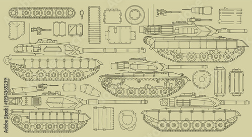 Detailed technical blueprints and schematics of various military tank models showcasing intricate design and engineering for defense industry applications
