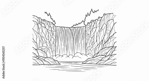 A dramatic, hand-drawn sketch of a tall waterfall cascading down rugged cliffs into water