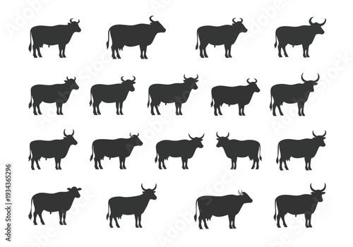 A collection of silhouetted cattle standing in various poses against a plain background, representing livestock and farming