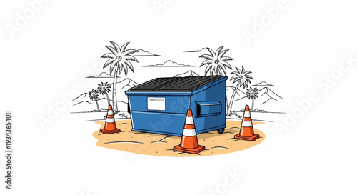 A blue dumpster sits on a sandy beach, surrounded by traffic cones