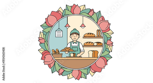 Baker With Fresh Bread Inside Floral Frame - Bakery Illustration