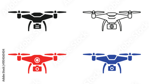 Four distinct designs of quadcopter drones with different color schemes and configurations