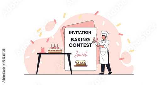 Baking Contest Invitation: Chef Decorates Cake, Sweet Treats, Party Announcement
