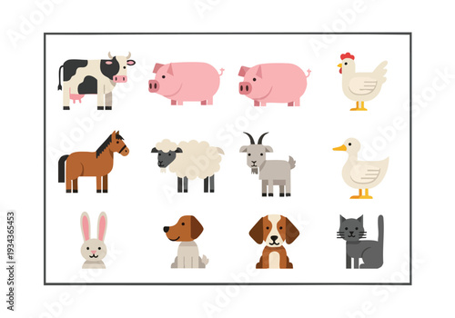 Farm animals and pets collection, a delightful visual showcase of common domestic animals including cows, pigs, chickens, horses, sheep, goats, ducks, rabbits, dogs, and cats