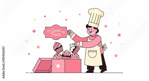 Baker with Sweet Treats Cupcakes in Box, Flat Design, Pink and Yellow Colors