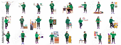 Diverse individuals in green sweaters enjoying remote work, festive holidays, and daily comfort at home.