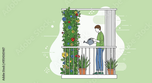 Balcony Gardening: Man Watering Green Vertical Garden with Colorful Flowers